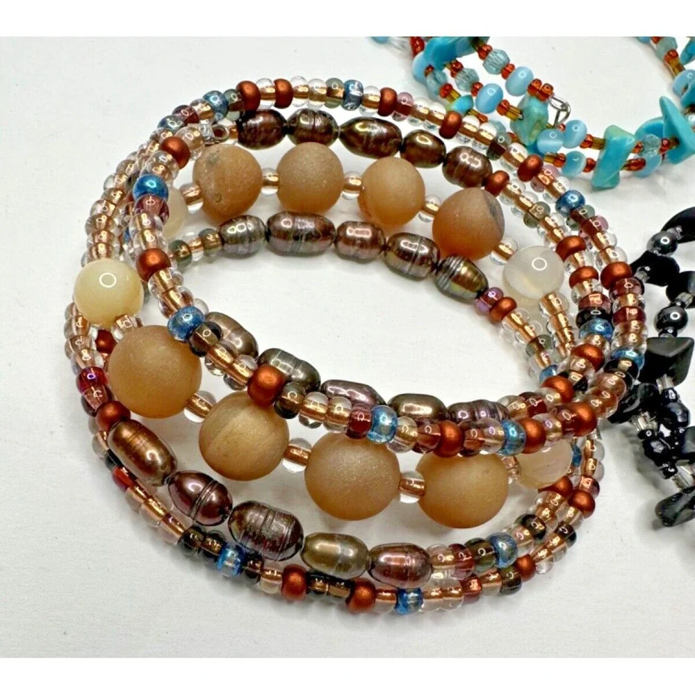 Wrap Bracelets Turquoise Black Quartz Brown Bead Freshwater Pearl Set 3 Stunning
